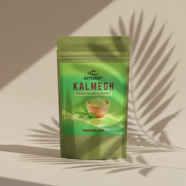 ACTIZEET Kalmegh powder on beige background with tropical leaf shadows