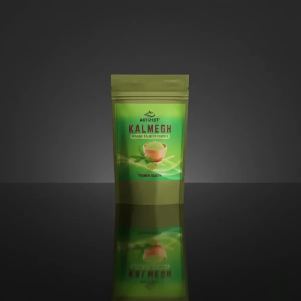 ACTIZEET Kalmegh powder pouch on reflective black glass surface