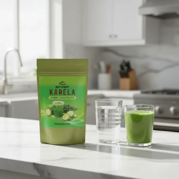 ACTIZEET Karela pouch on a marble counter next to a fresh green smoothie and glass of water