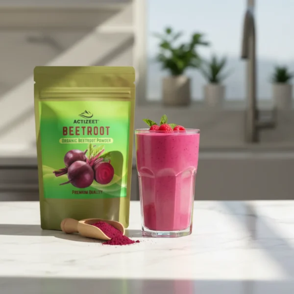 ACTIZEET beetroot powder pouch next to a bright pink smoothie on a marble counter
