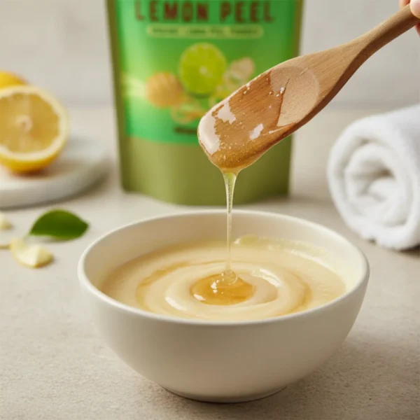 ACTIZEET lemon peel powder being mixed with honey in a ceramic bowl for a face mask