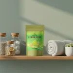 ACTIZEET lemon peel powder pouch on a wooden bathroom shelf next to apothecary jars