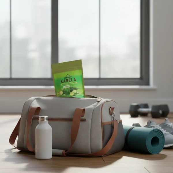 ACTIZEET product pouch tucked into a gym bag next to a rolled yoga mat