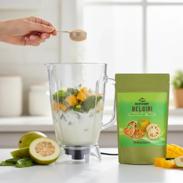 Belgiri powder being added to a fruit smoothie blender