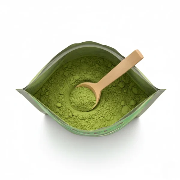 Bird's-eye view of open Karela pouch with a wooden scoop of green powder