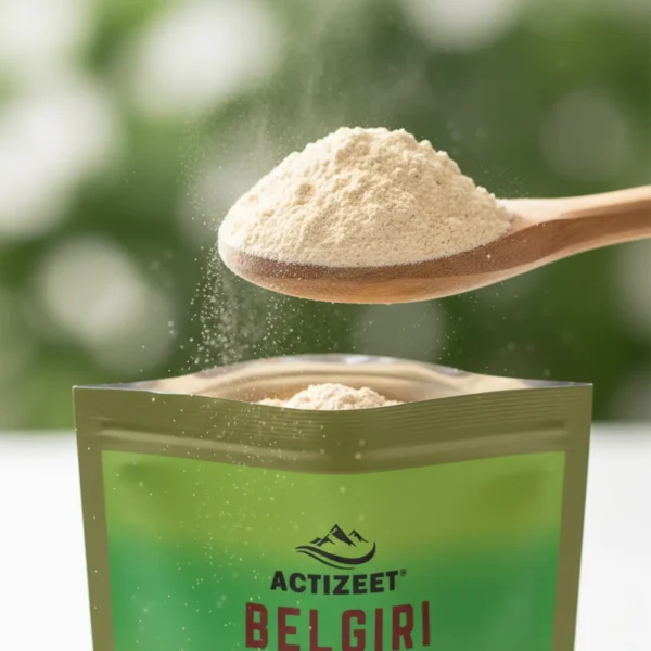 Macro view of a wooden scoop lifting fine Belgiri powder