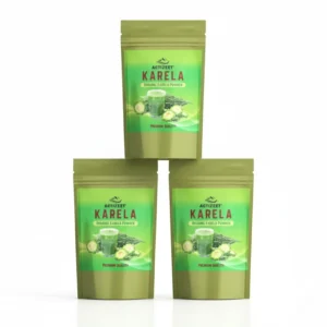 Three pouches of ACTIZEET Karela Powder arranged in a pyramid for bulk savings
