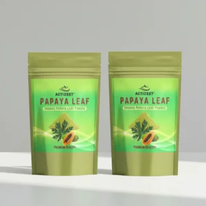 Two pouches of ACTIZEET Papaya Leaf Powder standing upright, e-commerce bundle shot