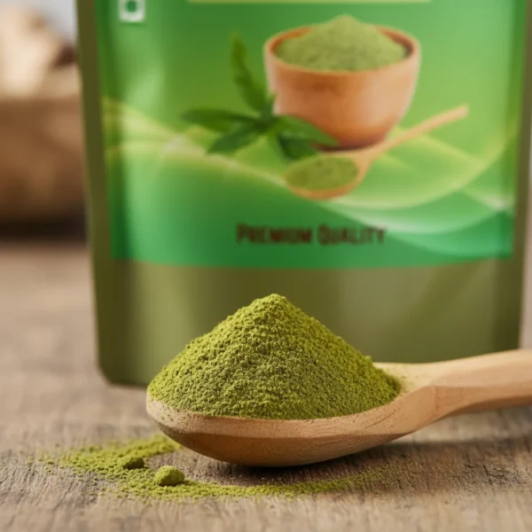 Wooden scoop overflowing with olive-green Kalmegh powder next to pouch