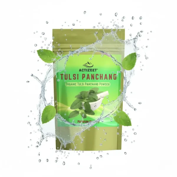 ACTIZEET Tulsi pouch emerging from a clean water splash representing detoxification