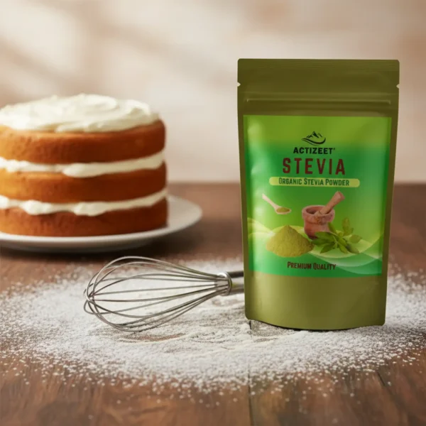 Baking scene with flour, whisk, and Actizeet stevia for sugar-free cake