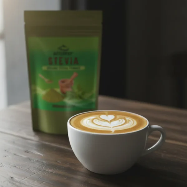 Close-up of coffee latte art in ceramic mug with Actizeet stevia pouch