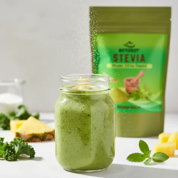 Healthy green kale and pineapple smoothie topped with Actizeet stevia