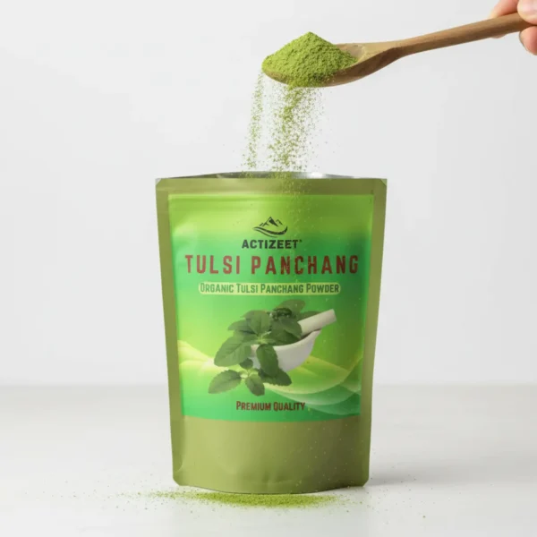 High-speed photography of Tulsi powder pouring from a wooden spoon into the pouch