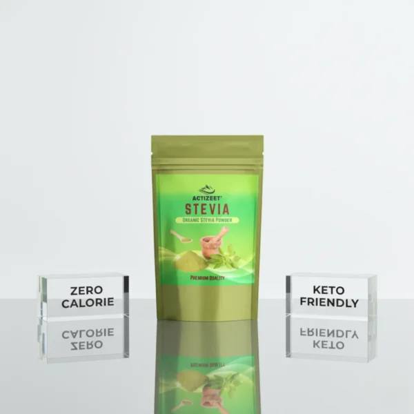 Sleek product shot of Actizeet stevia on glass emphasizing keto-friendly