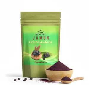 A pile of dried jamun seeds next to the refined ACTIZEET powder