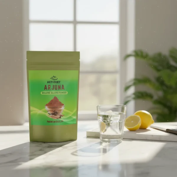ACTIZEET Arjuna pouch on a marble counter with lemon water in morning light