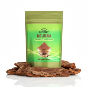 ACTIZEET pouch centered with artistically arranged dried Arjuna bark at the base